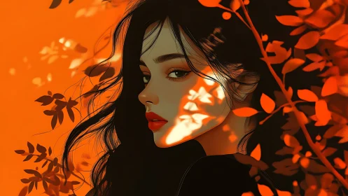 Moody digital portrait of woman in orange foliage light.
