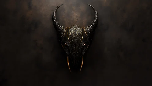 Horned metallic skull sculpture on dark textured background.