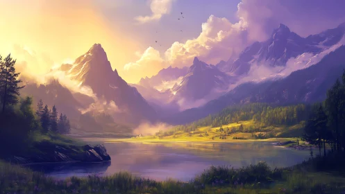 Sunlit alpine lake below glowing violet mountain peaks.