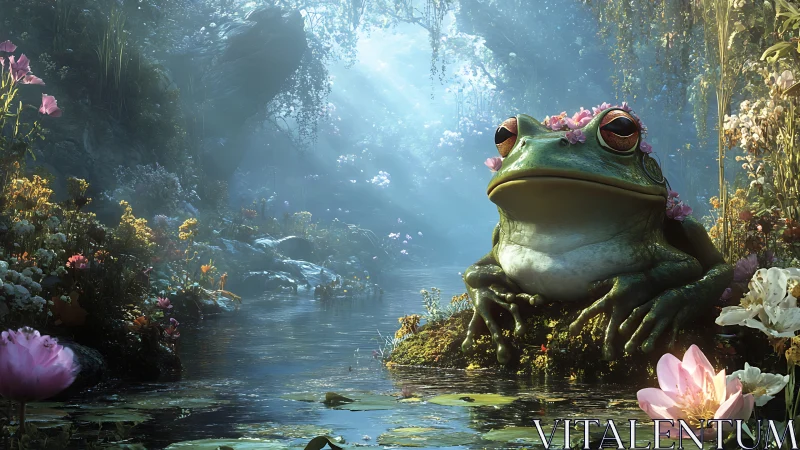Pond monarch frog crowned in pastel blossoms of dawn.