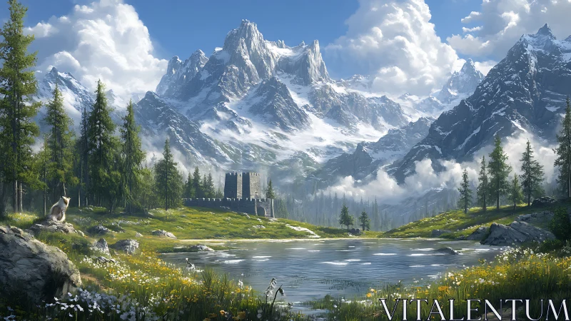 Sunlit alpine lake reflects a solitary fortress amid peaks