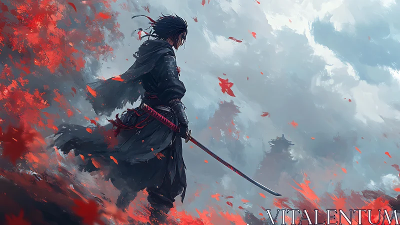 Solitary samurai amid crimson storm of falling leaves.