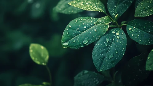 Close view of green leaves with water droplets after rain.