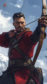 Focused fantasy archer in red coat drawing a wooden bow.