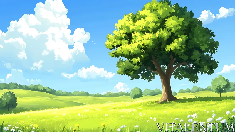 Sunlit meadow tree welcomes a bright, peaceful summer day