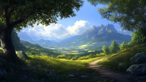 Sunlit valley trail leads toward distant jagged mountains