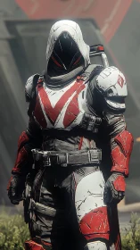 Photorealistic armored sentinel in red and white exo-suit design.