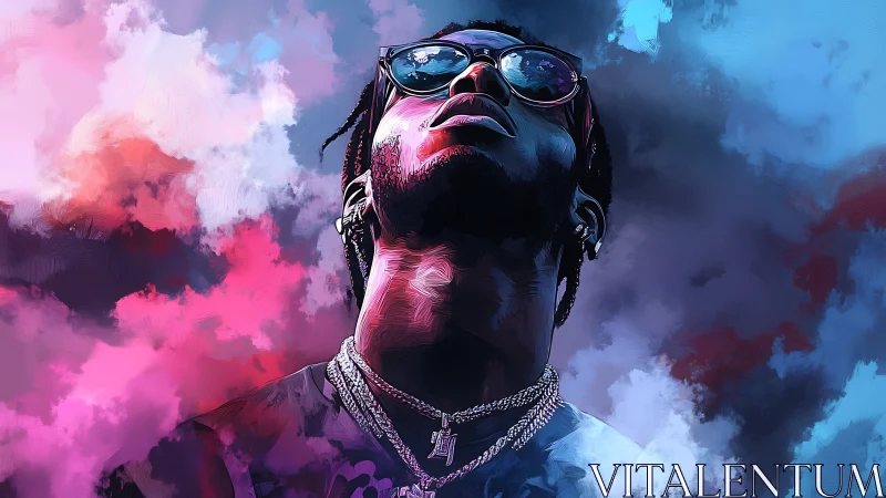 Chromatic vaporwave portrait with reflective skybound gaze.