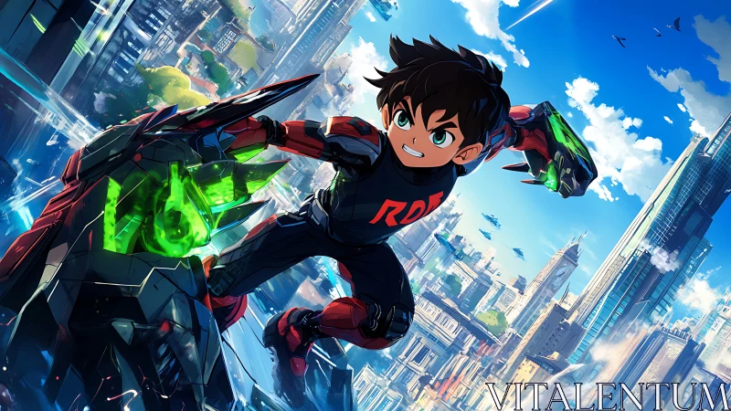 Armored youth interacts with mech over dense futuristic city