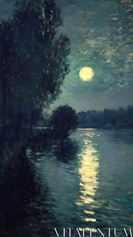 Moonlit river reflection beneath deep indigo foliage.