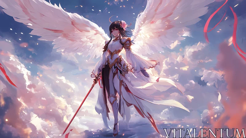 Winged female warrior in white armor over glowing clouds.