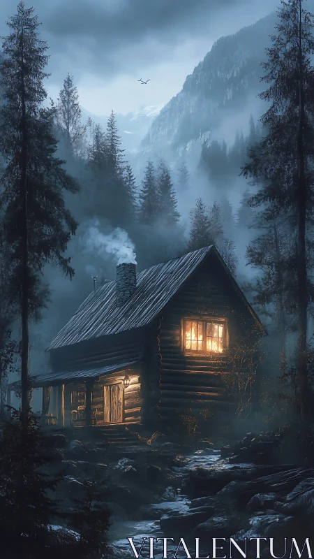 Mountain cabin glows through misty blue forest night.