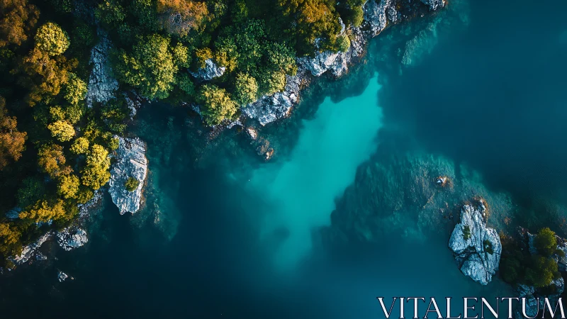 Aerial study of turquoise lake cove against rocky forest shore