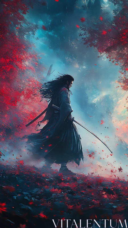 Stormlit ronin wandering through crimson autumn embers.