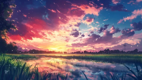 Sunset sky over reflective rice field in digital art landscape.