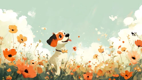 Dog sits in stylized poppy field under pale sky background