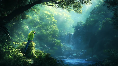 Solitary parrot gazes over a misty emerald jungle waterfall.