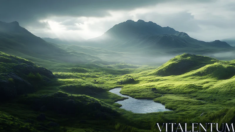 Volumetric-lit alpine valley with reflective stream and peaks