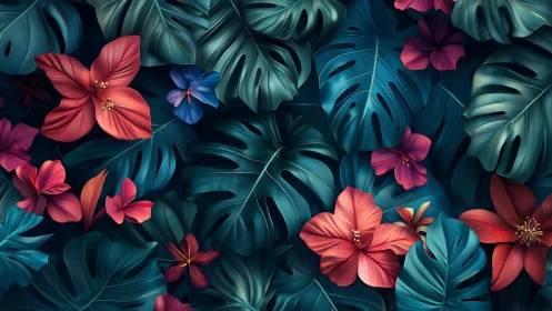 Tropical Florals with Monstera Leaves in Jewel Tones Composition.