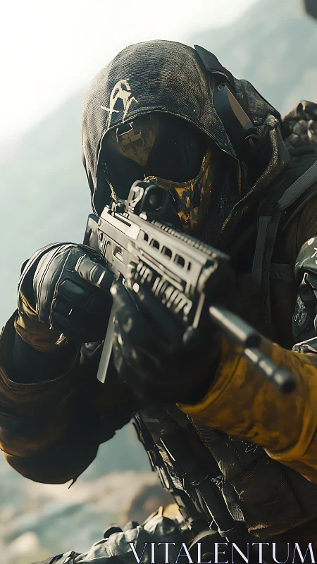 Masked soldier aims rifle while crouched in rugged terrain