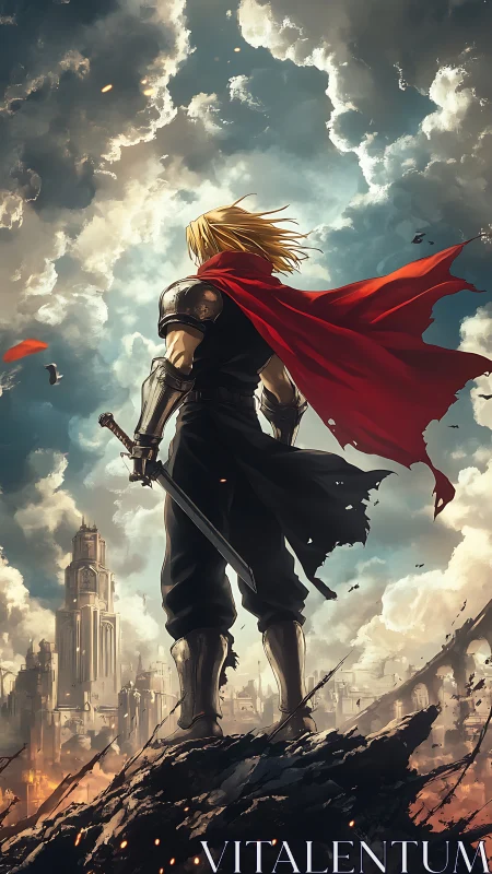 Armored swordsman surveys a ruined city beneath storm clouds.