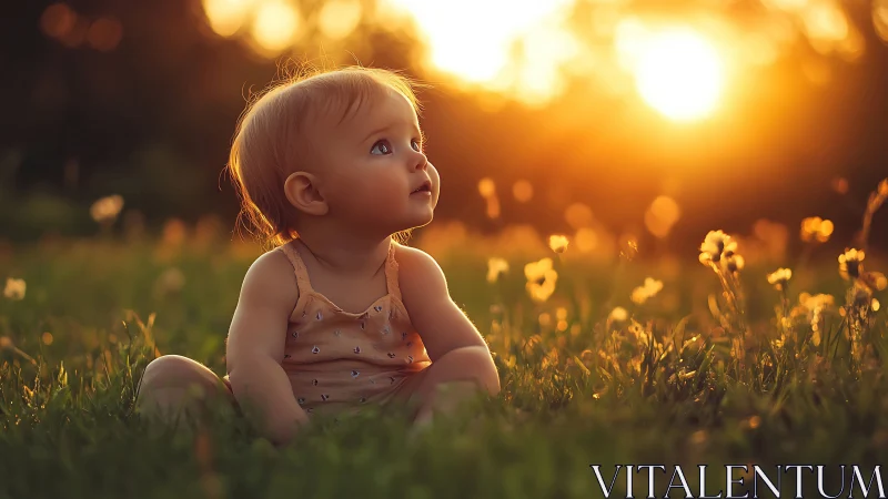 Baby gazes toward glowing sunset amid soft summer meadow.