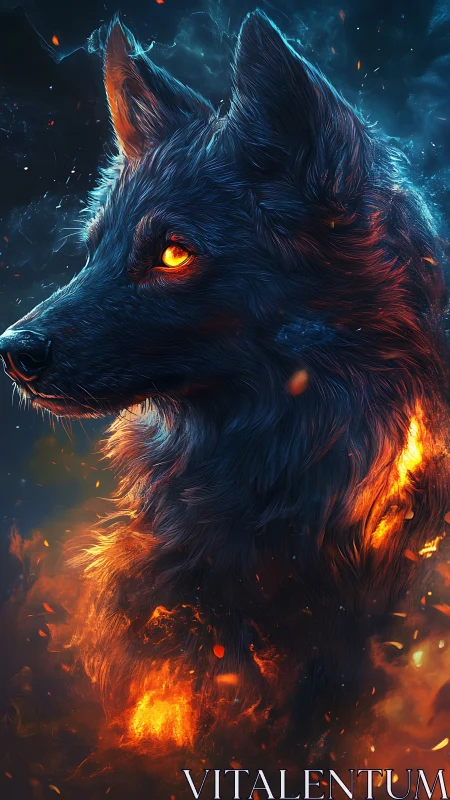 Volumetric-lit infernal wolf portrait with emissive embers glow