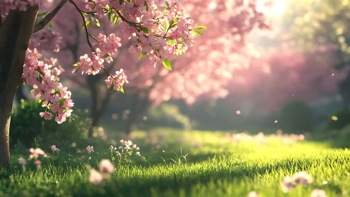 Sunlit cherry blossoms over lush spring meadow at dawn.