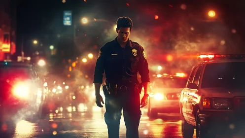 Night patrol officer walks through backlit traffic haze and sirens