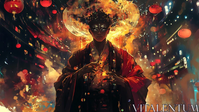 Mystic lantern mage commands fire in a neon-lit alleyway