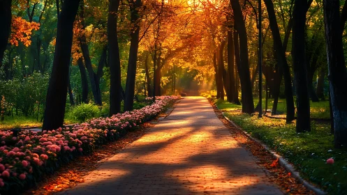 Sunlit park pathway glows beneath warm autumn foliage