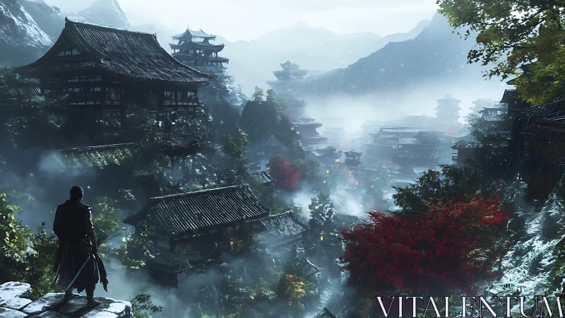 Wandering swordsman over misty mountain temples at dusk.