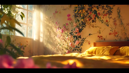 Sunlit floral bedroom where morning light lingers softly.
