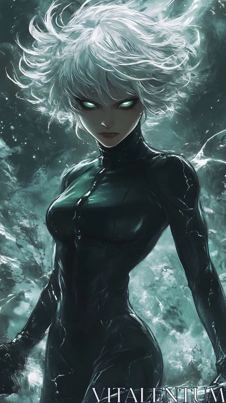 White haired figure in black suit with glowing green eyes.