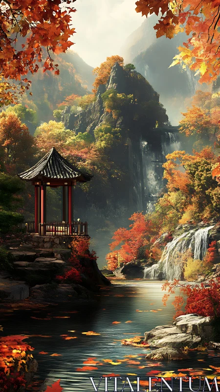 Autumn pagoda dreams beside misty cliffs and waterfalls.