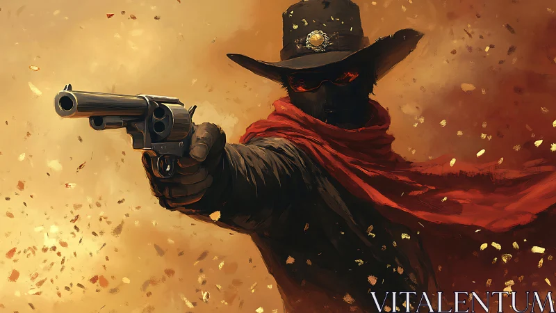 Gunmetal outlaw carves burning silence through desert dusk