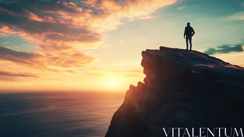 Silhouetted observer stands on coastal cliff against high-saturation sunset
