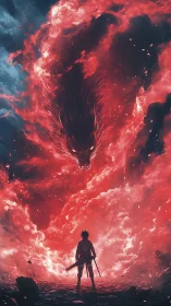 Silhouetted warrior under colossal fiery fox spirit storm.