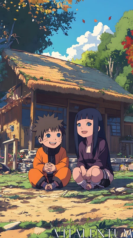 Two anime children sit outside a wooden rural house