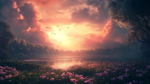 Luminous sunset over serene lake and blooming meadowscape.