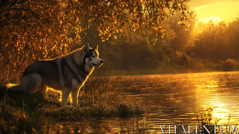 Siberian husky by autumn river in low angle golden backlight