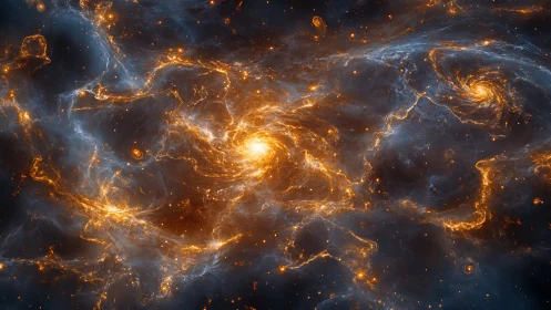 Interlaced spiral nebulae with luminous gas filaments cluster.