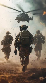 Soldiers advance under helicopter in dusty combat zone