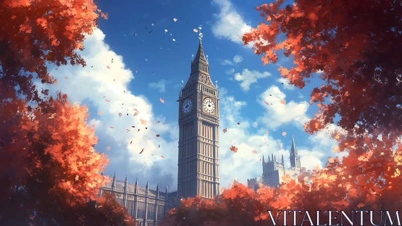 Clock tower framed by autumn trees under clear blue sky