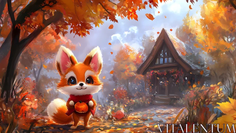 Cute fox with pumpkin walks through a glowing autumn forest.