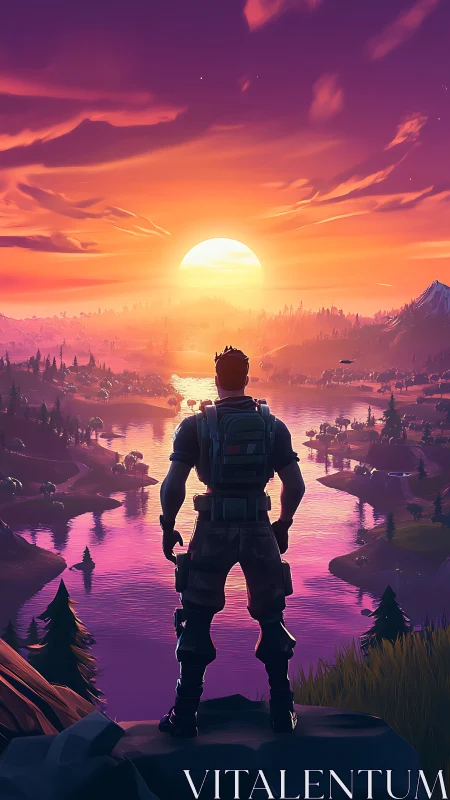 Silhouette of armed figure over stylized sunset valley landscape.