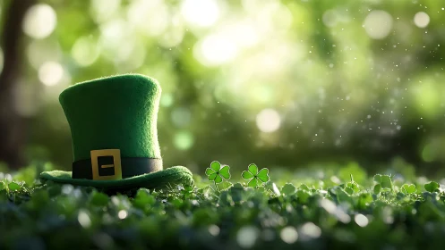 Green top hat with clover leaves in soft forest light.