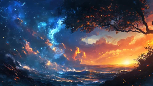 Cosmic ocean horizon merging starlit night and sunset.