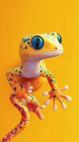 Digitally rendered yellow gecko with blue spots on orange field.