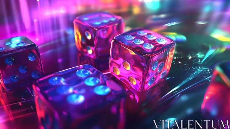 Neon casino dice drifting through liquid rainbow luck.